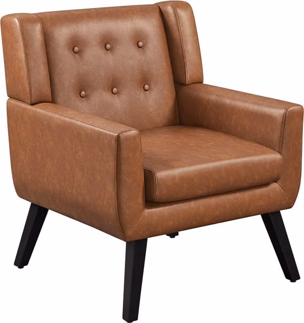 Yaheetech Retro Brown PU Leather Upholstered Tub Accent Chair with Armrests and Solid Rubberwood Legs