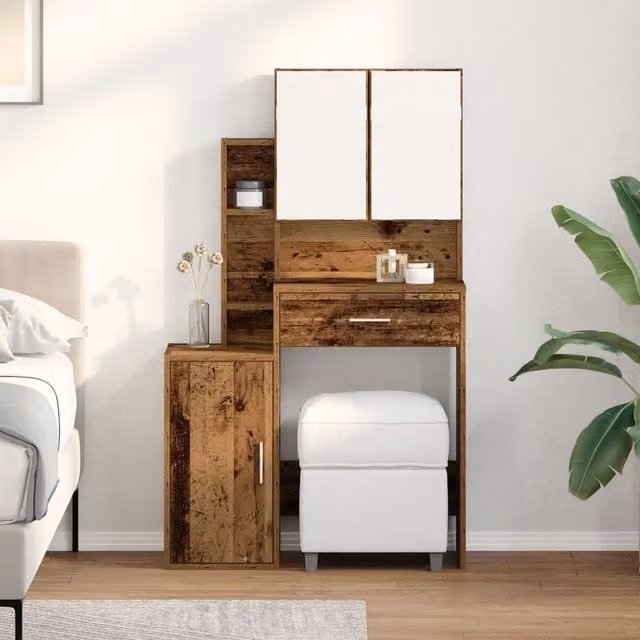Berkfield Home Hollywood LED Dressing Table with Mirror in Brown Rustic Old Wood