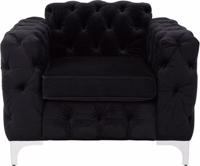 Orsina Black Velvet Quilted Chesterfield Lounge Chair with Silver Metal Frame