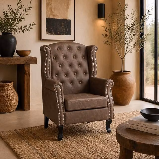 Wyld Haus Selato Brown Chesterfield Style Wingback Accent Chair in Faux Leather