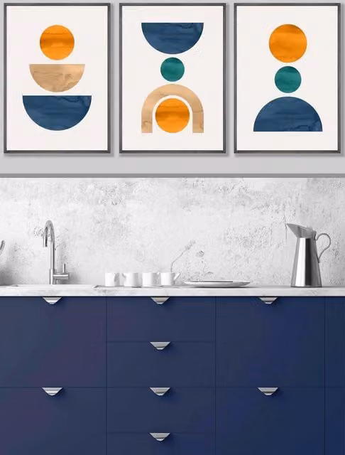 ARTZE Set of 3 Mid Century Abstract Geometric Wall Art in Navy Blue and Orange with Dark Grey Wood Frames, W: 33 cm, H: 45 cm, D: 2 cm
