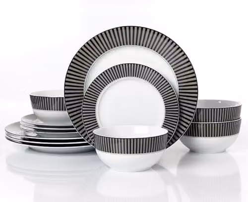 Waterside 12-Piece Black, Grey and White Striped Porcelain Dinner Set