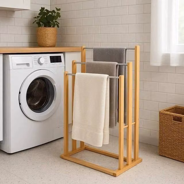 EONLION Freestanding Bamboo Wooden Towel Holder in Brown