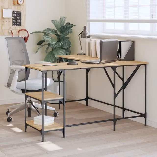 Berkfield Sonoma Oak Corner Home Desk in Brown, W/D/H: 139 x 139 x 75 cm