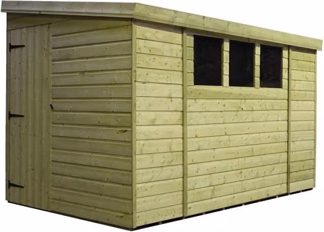 Empire Sheds Empire 3000 Green Pent Garden Wood Shed with Single Door, Side Panels and 3 Windows, W: 304.8 cm, D: 152.4 cm, H: 182.88 cm