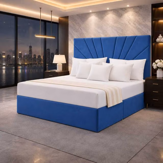 Jackrata Blue Velvet Upholstered Divan Ottoman Storage Bed with Headboard by K Mehmood Enterprise Ltd