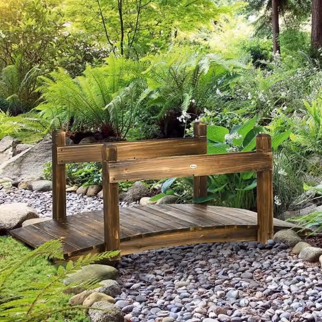 Chilli Seating 5ft Wooden Garden Bridge with Planters and Safety Railings in Brown