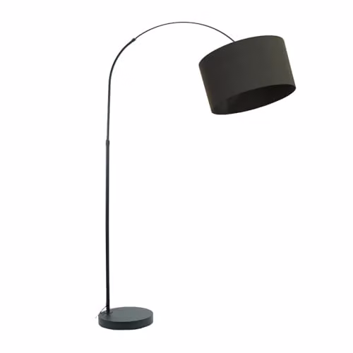 ValueLights Louis Black Metal Arched Floor Lamp with Grey Fabric Drum Shade, H 180 x W 105 x D 45 cm
