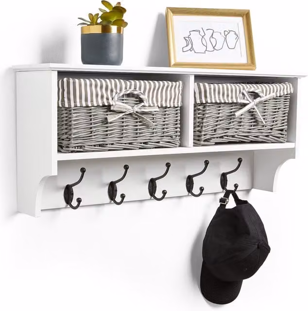VonHaus Wall Mounted Coat Hooks and Shelf with White and Grey Rattan Storage Baskets