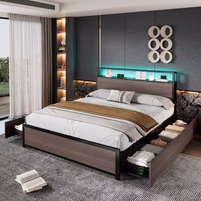 Rolipo Grey Metal Double Bed Frame with LED Lights, USB Charging Port and 4 Drawers, W/D/H: 140 x 200 cm