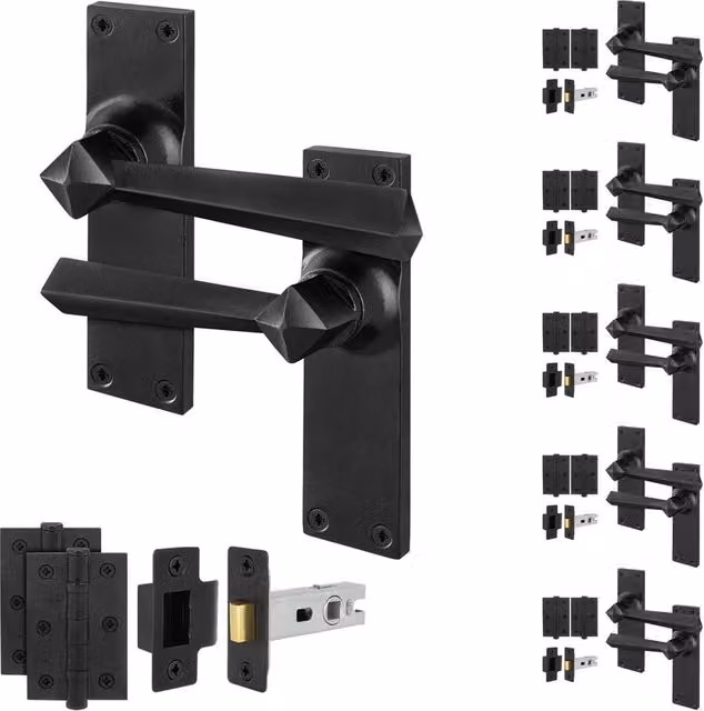 AFIT Black Antique Cast Iron Door Handle and Hinge Set with 64mm Latch