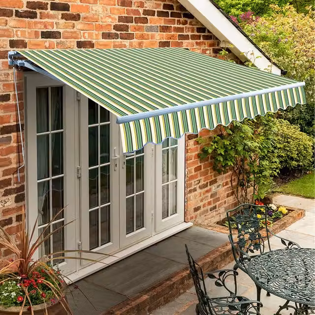 Primrose Manual Retractable Wall-Mounted Awning with Folding Arms, Green Striped, W: 300 cm, D: 250 cm