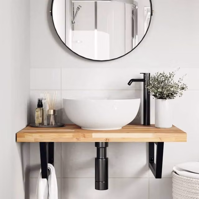 Berkfield Home Elegant Wall Mounted Basin Shelf in Brown Acacia Wood and Steel