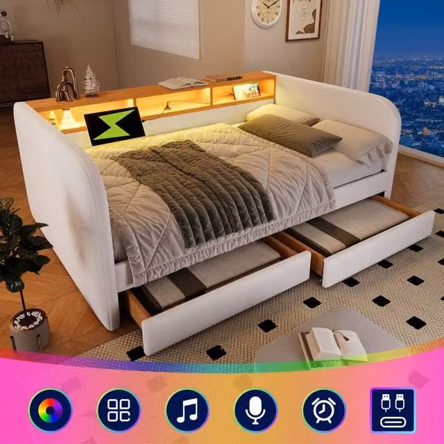Matteo Upholstered Single Daybed in Beige with Headboard Storage, LED Lighting, USB Charging Port and Drawers, W/D/H: 90 x 190 cm