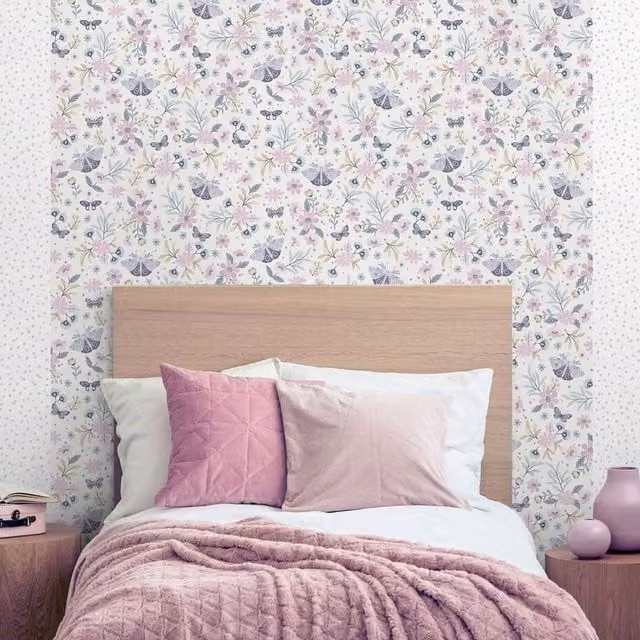 Muriva My Kingdom Sweet Meadow Textured Pink Non-Woven Wallpaper with Floral and Animal Patterns