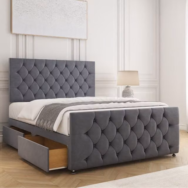BSSPOKE Maya Plush Velvet Double Divan Bed with 24 inch Headboard, 2 Drawers and Mattress in Grey, W/D/H: 140 x 200 cm