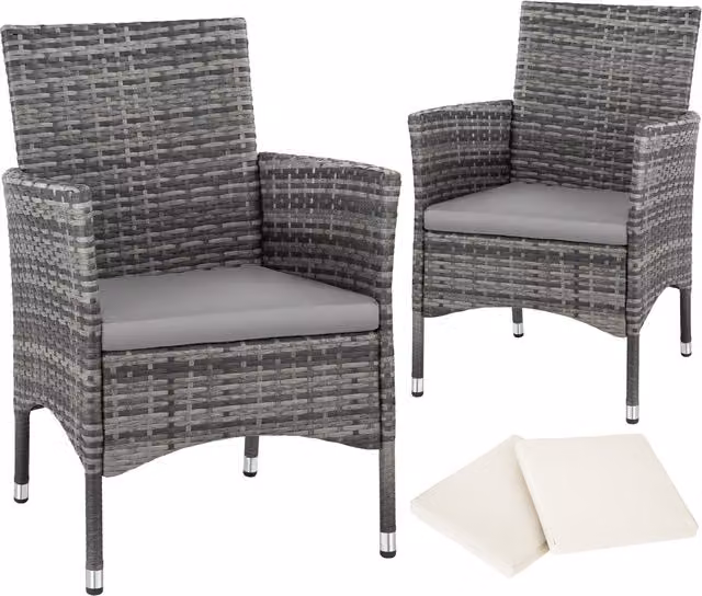 tectake Nantes Set of 2 Modern Polyrattan Garden Chairs with Cushions and Weather Covers in Grey, Beige and Black