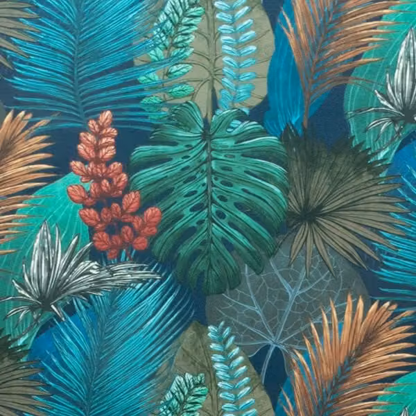 Fibre Naturelle Rainforest Velvet Fabric in Blue and Green Floral Design