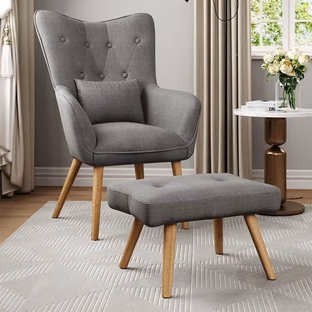 Komore Grey Linen Oak Armchair with Cushion and Ottoman