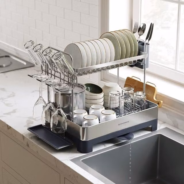 The Bazaarist 2 Tier Dish Drying Rack with Rotating Spout and Cutlery Holder, Grey, W/D/H: 39.6 x 32.5 x 58.0 cm