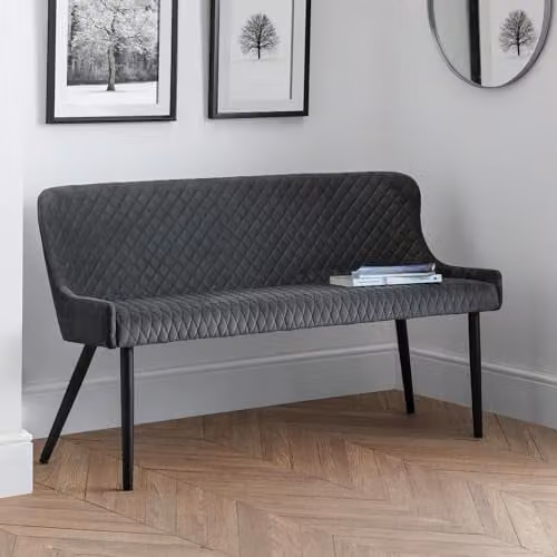 Julian Bowen Luxe Diamond Quilted Upholstered 2 Seater High Back Dining Bench in Grey Velvet, W: 143 cm, H: 81 cm
