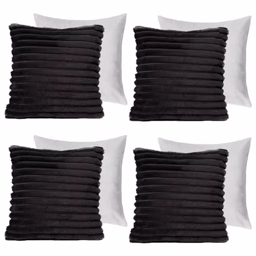 OHS Pack of 4 Black Faux Fur Ribbed Square Decorative Throw Pillows with Removable Covers, W/D/H: 45 x 45 x 45 cm