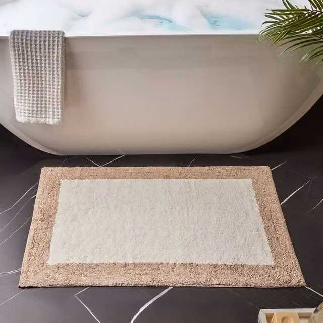 Wyld and Coco Beige and Brown Cotton Geometric Pattern Bath Mat W/D/H: 60 x 90 x 1 cm