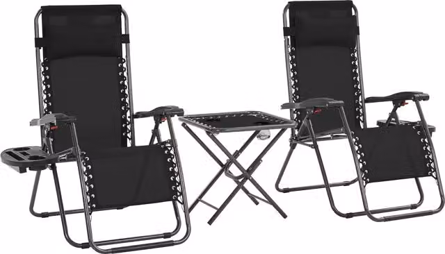 Yaheetech 3-Piece Black Zero Gravity Garden Chair and Table Set with Armrests and Cup Holders