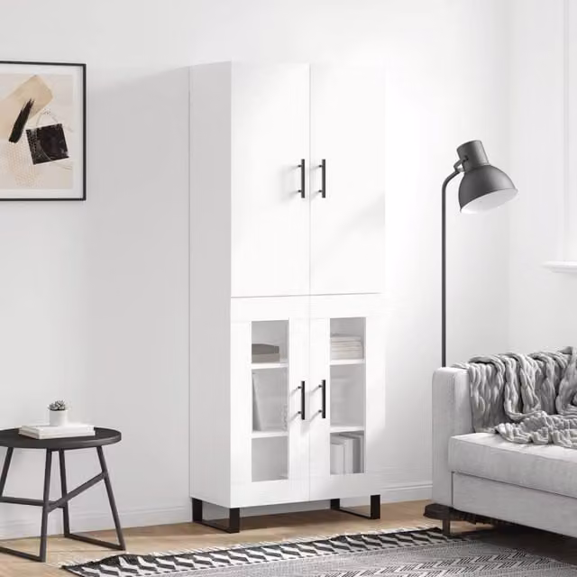 Berkfield Home Modern White Highboard with Glass Doors, W/D/H: 69.5 x 34 x 180 cm