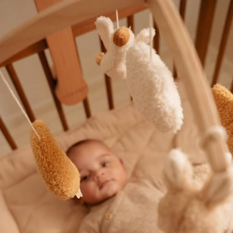Little Dutch Wooden Musical Cot Mobile Newborn Naturals with Moon, Stars and Clouds