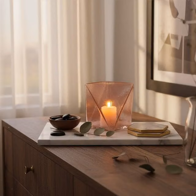 Orsina Rambia Large Pink Geometric Glass Candle Holder for Taper or Pillar Candles