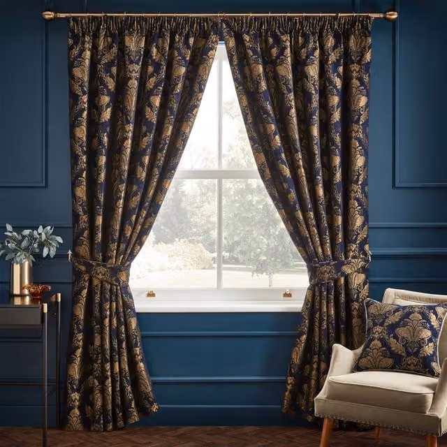 Shiraz Navy and Gold Damask Pencil Pleat Curtains, Height: 229 cm, Width: 168 cm