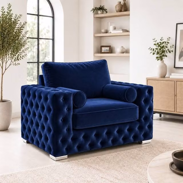Stratus Interiors Ashley Full Back Chesterfield Plush Velvet Armchair in Navy Blue
