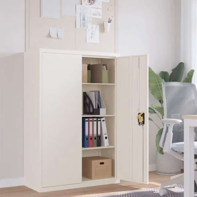 Berkfield Home White Metal File Cabinet with Hinged Doors and Adjustable Shelves, W/D/H: 90 x 40 x 140 cm