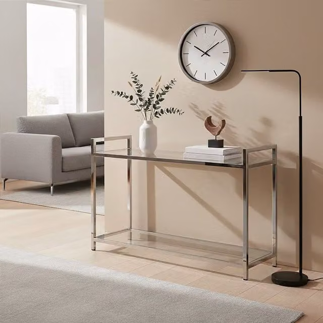 Orsina Luxe Design Console Table in Silver Metal and Glass, W/D/H: 120 x 40 x 78 cm