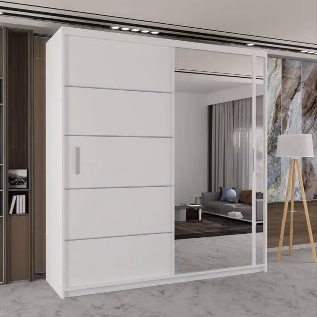 Sliding Wardrobes 4U Modern Double Sliding Wardrobe with Integrated LED Light and Mirror in White, W: 180 cm, D: 62 cm, H: 217 cm