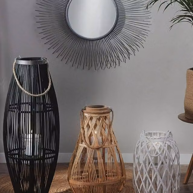 Wyld and Coco Bamboo and Glass Lantern, Brown, Height: 56 cm