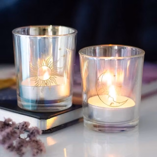 Uniqueful Iridescent Sun and Moon Votive Tealight Candle Holders in Gold and Multicolour Glass