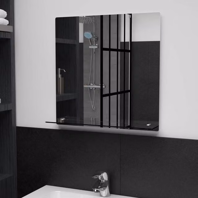 Berkfield Home Minimalist Square Wall Mirror with Shelf in Silver, W/D/H: 50 x 50 x 1 cm