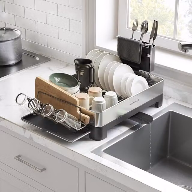 The Bazaarist Expandable Stainless Steel Dish Drying Rack with Drainboard, Cutlery Holder and Cup Holder, Silver and Black, W: 57.2 cm x D: 31.7 cm x H: 24.6 cm