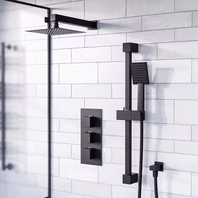 Nes Home Matte Black Concealed Thermostatic Mixer Valve, Slider Rail and Overhead Shower Set