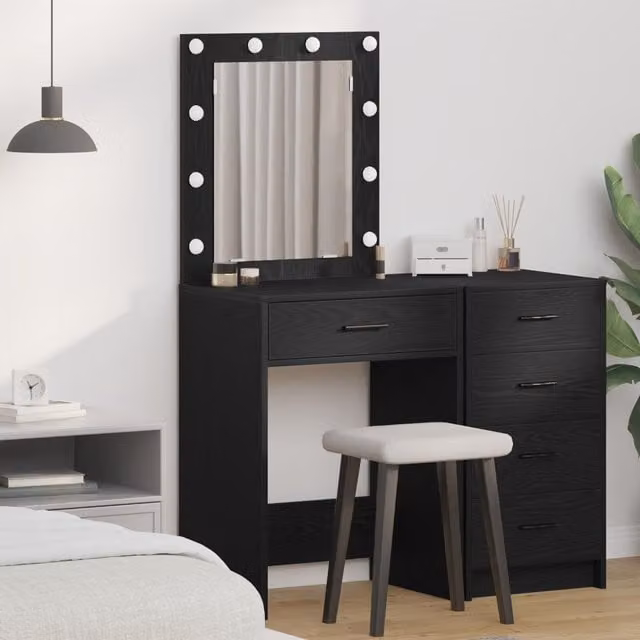 Berkfield Home Hollywood LED Dressing Table in Black Oak, W/D/H: 50 x 41 x 135 cm