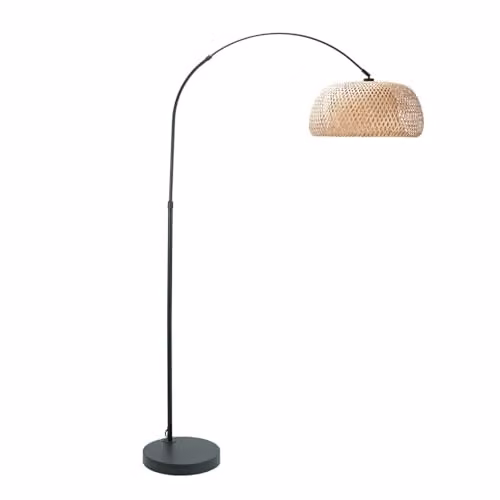 ValueLights Black Metal Arched Floor Lamp with Natural Bamboo Shade and LED Bulb