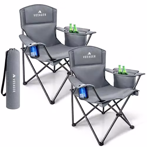 Voyager 2 Pack Folding Camping Chairs with Armrests and Cushions in Black and Grey