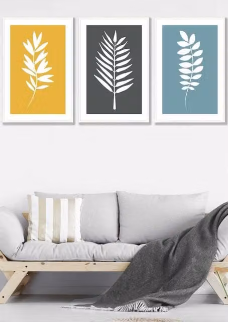 ARTZE Boho Abstract Botanical Wall Art, Graphical Leaves in Yellow, Grey and Blue with White Wood Frame, W: 53 cm, H: 73 cm, D: 2 cm