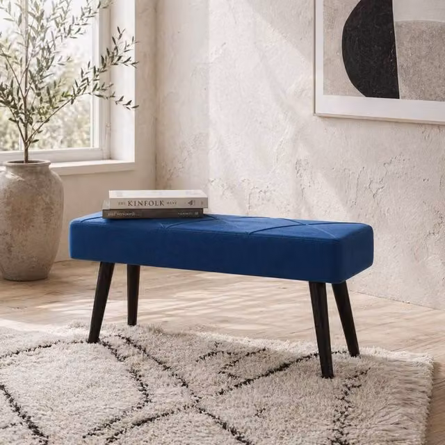 Wyld Haus Mazuka Blue Velvet End of Bed Bench with Black Steel Legs