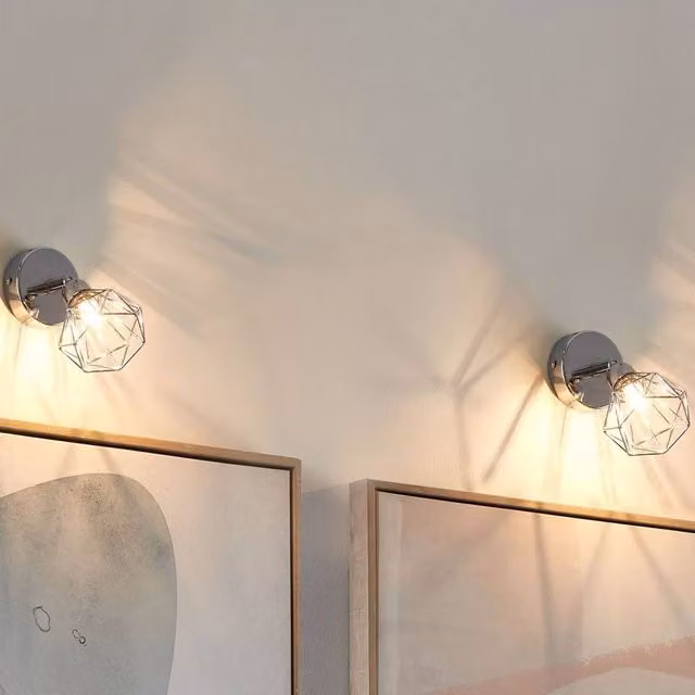 Wyld and Coco Silver Metal Wall Lamp with Diamond Cage Shade and Adjustable Tilt and Swivel