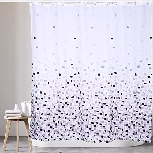 KAV Mosaic Patterned Waterproof and Mould Resistant Polyester Fabric Shower Curtain in Grey and White, W: 220 cm, H: 180 cm