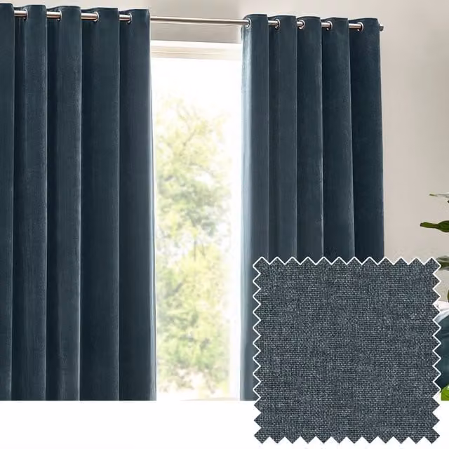 Make It A Home Heavy Chenille Velvet Room Darkening Eyelet Curtains, Blue, H: 183 cm, W: 117 cm
