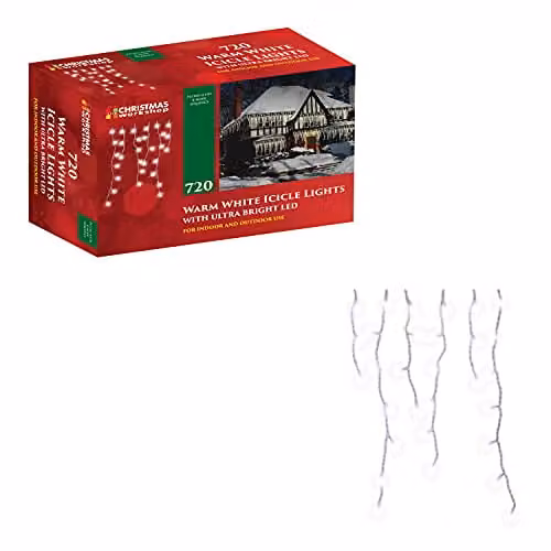 The Christmas Workshop Warm White Icicle LED Christmas Lights, Mains Powered with 8 Functions for Indoor or Outdoor Use, 720 LEDs